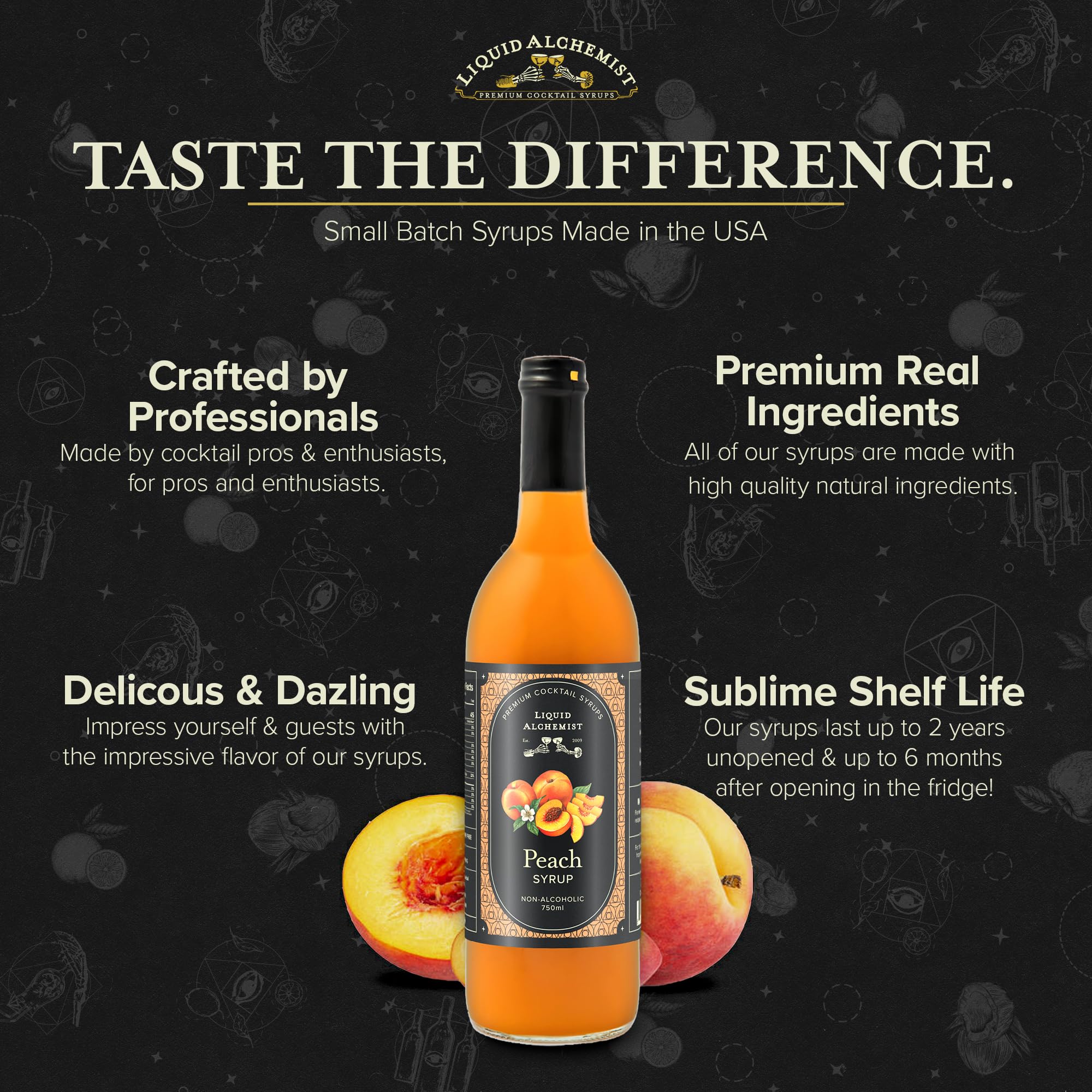 Glass of peach bellini made with Liquid Alchemist syrup showcasing sparkling cocktail appeal