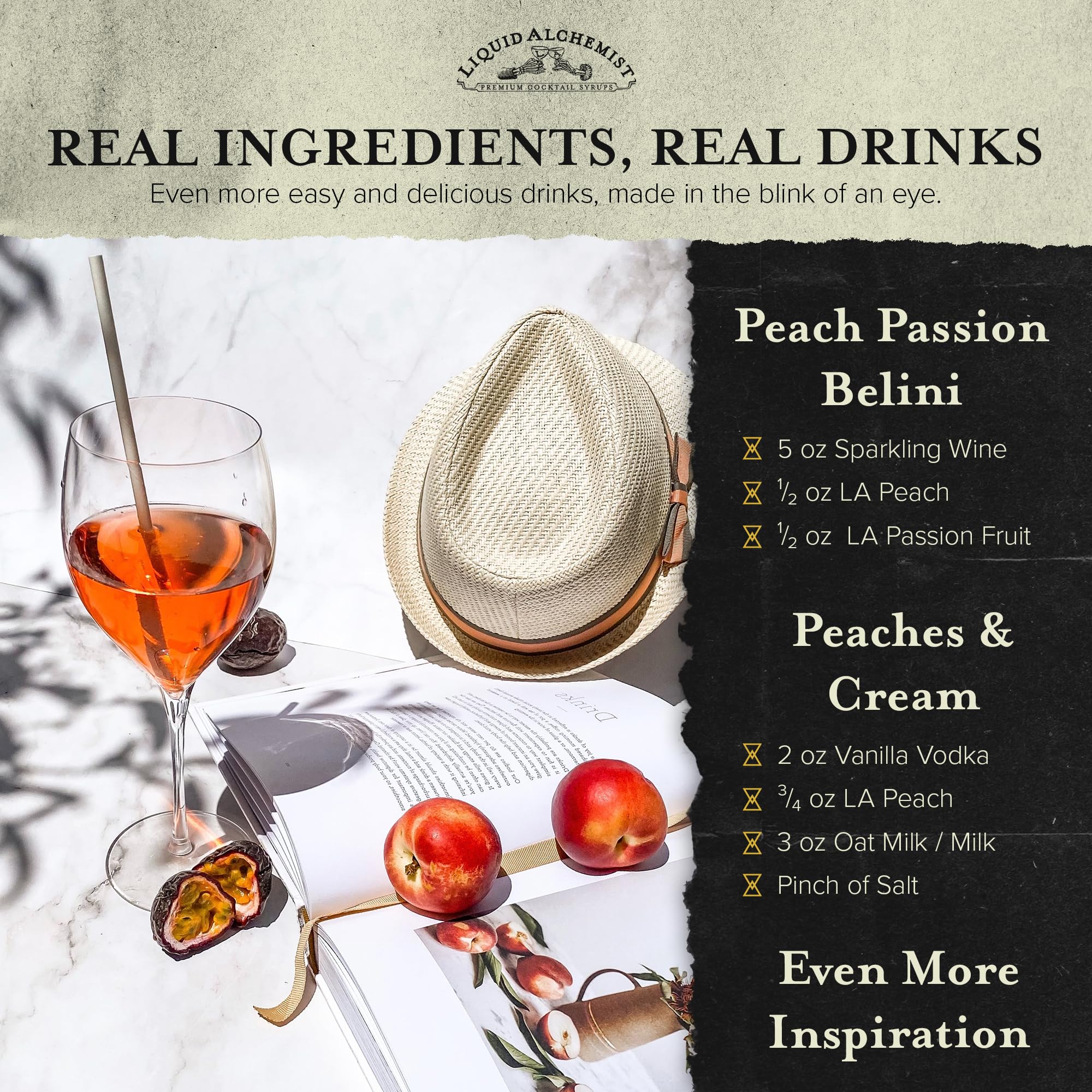 Liquid Alchemist peach puree jar beside bottle showing real-fruit foundation