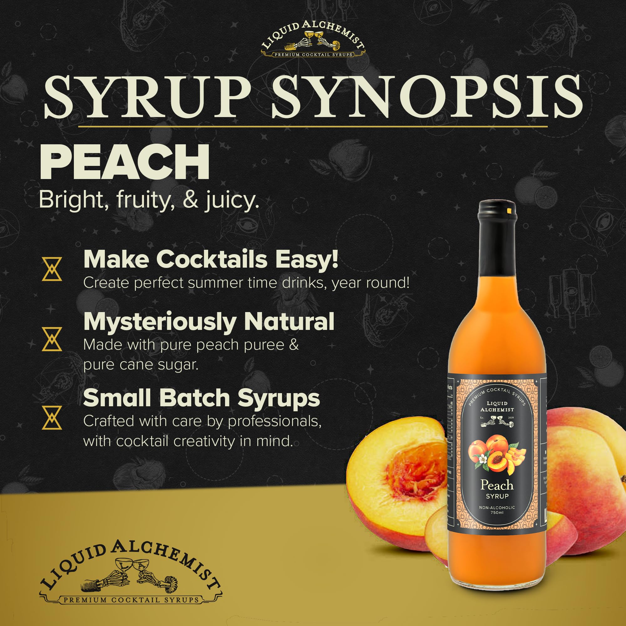 Liquid Alchemist peach syrup pouring into glass demonstrating smooth flow and mixability