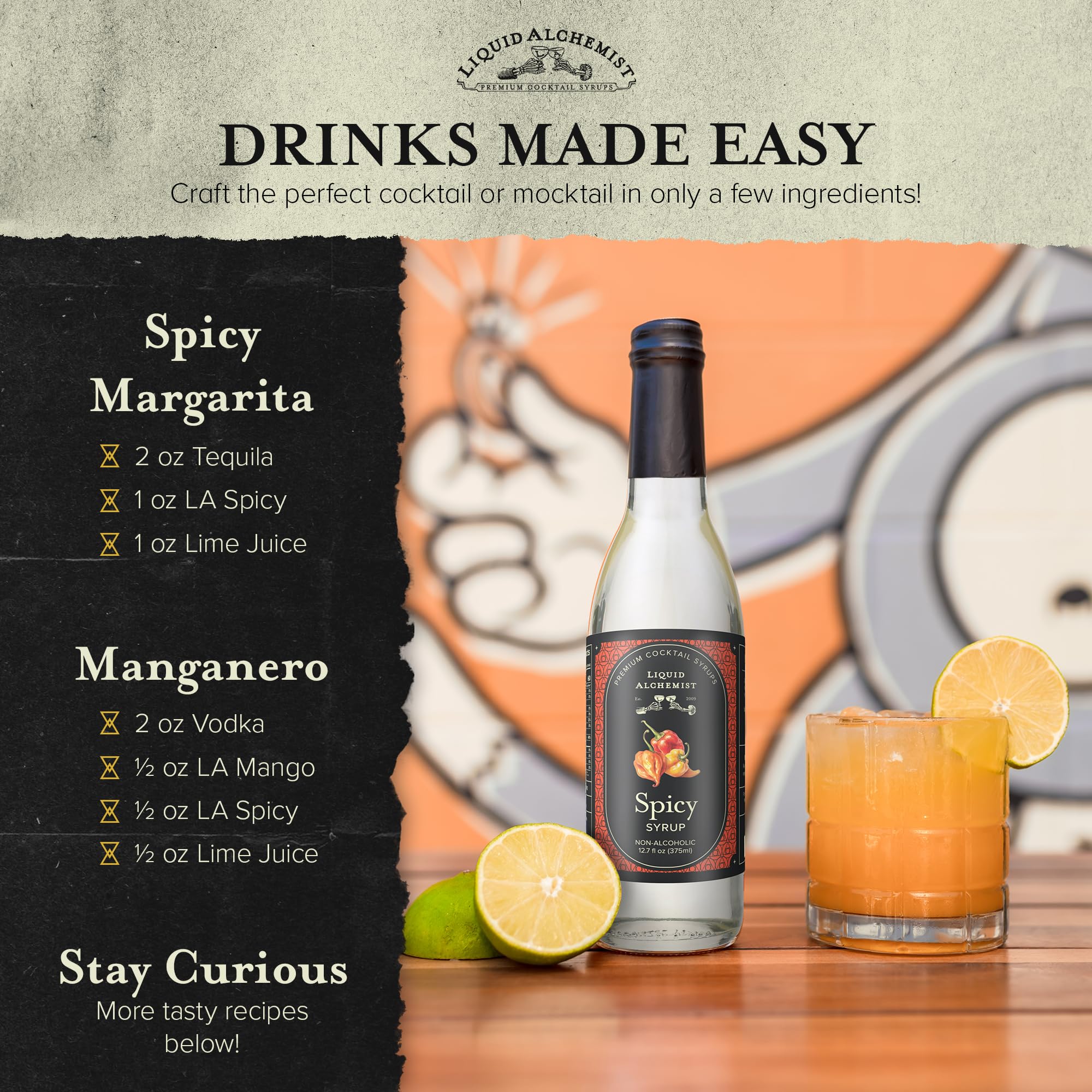 Liquid Alchemist syrup pouring into a cocktail illustrating easy mixability benefit