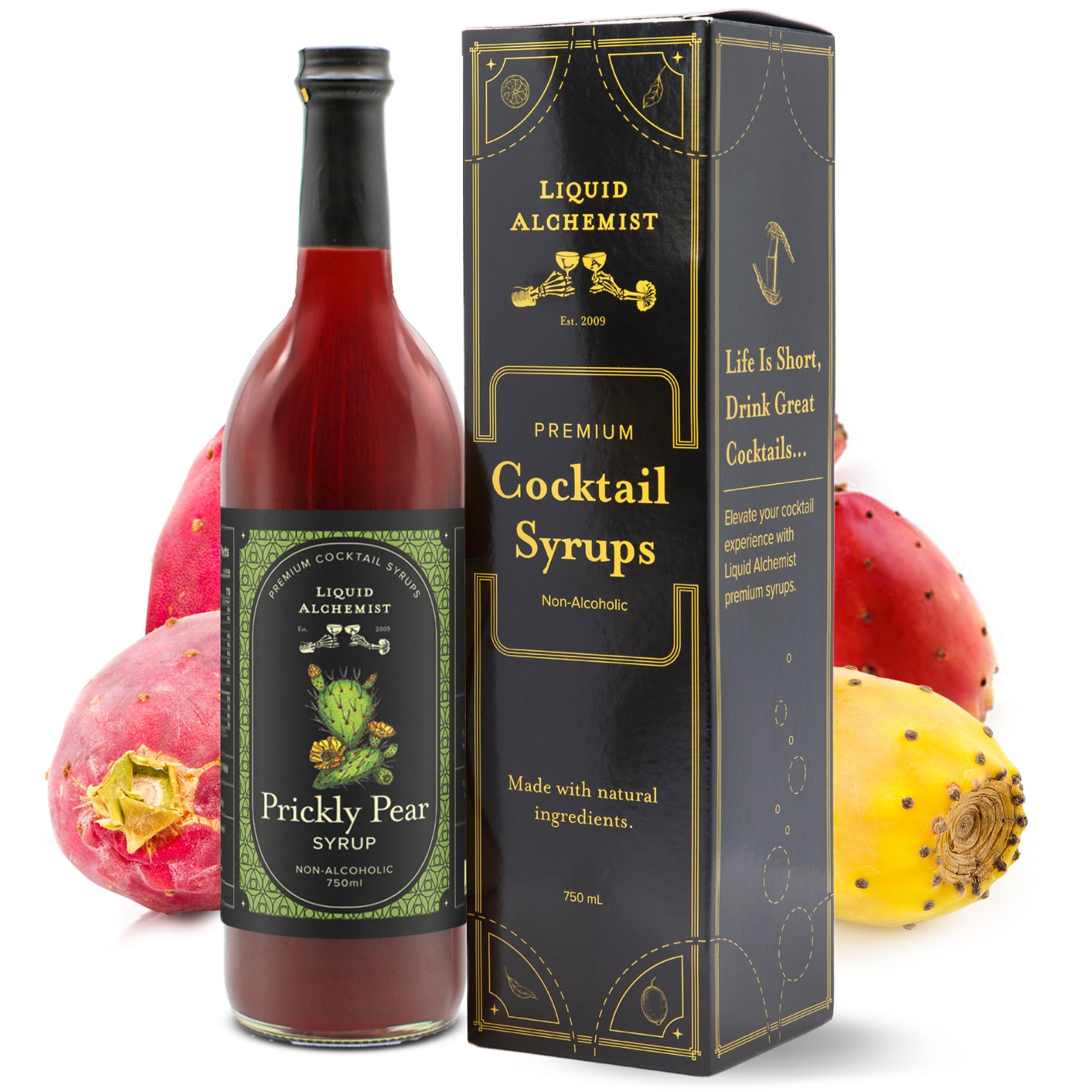 Liquid Alchemist front bottle showing prickly pear syrup and brand benefit