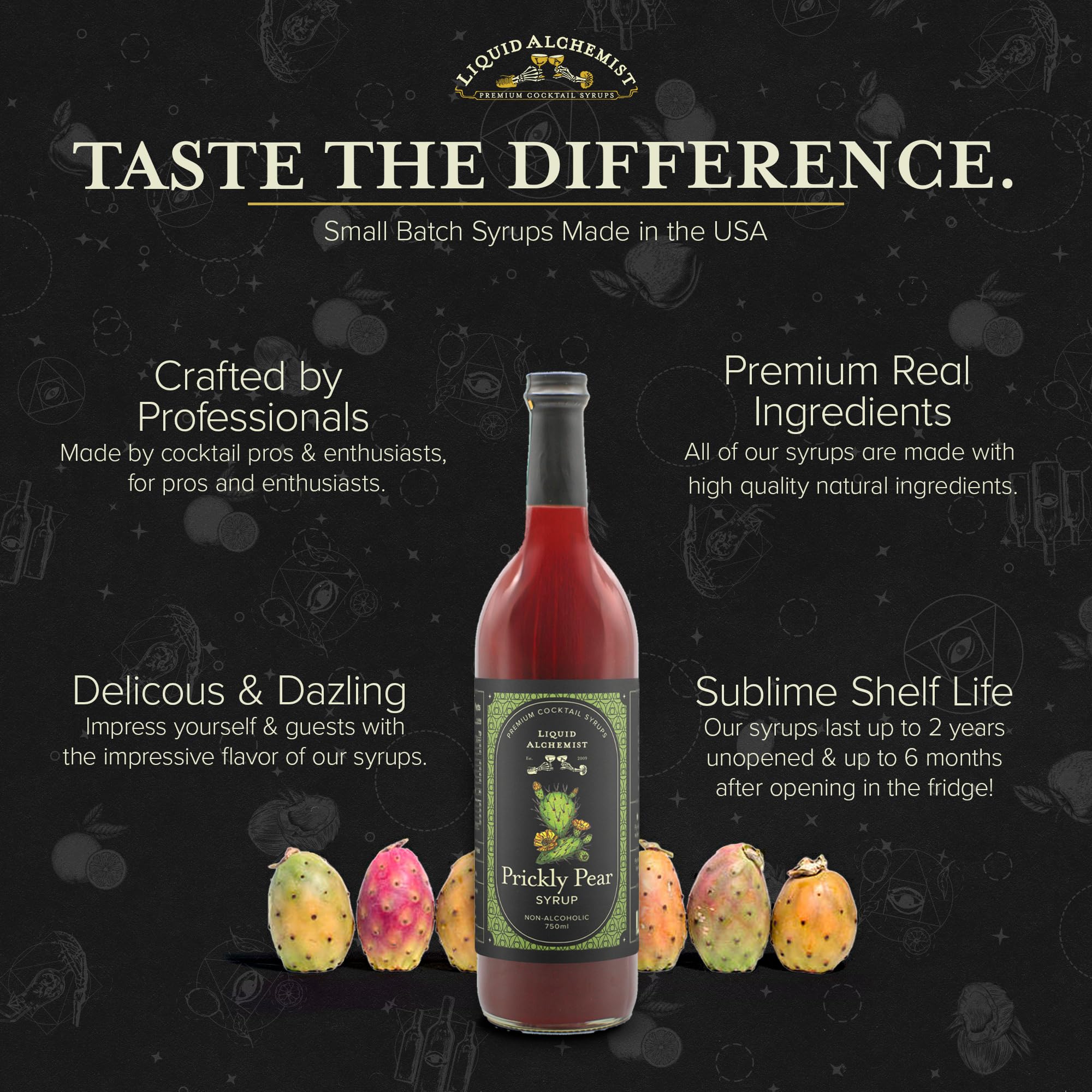 Liquid Alchemist bottle with prickly pear fruit and lime showing mixability benefit