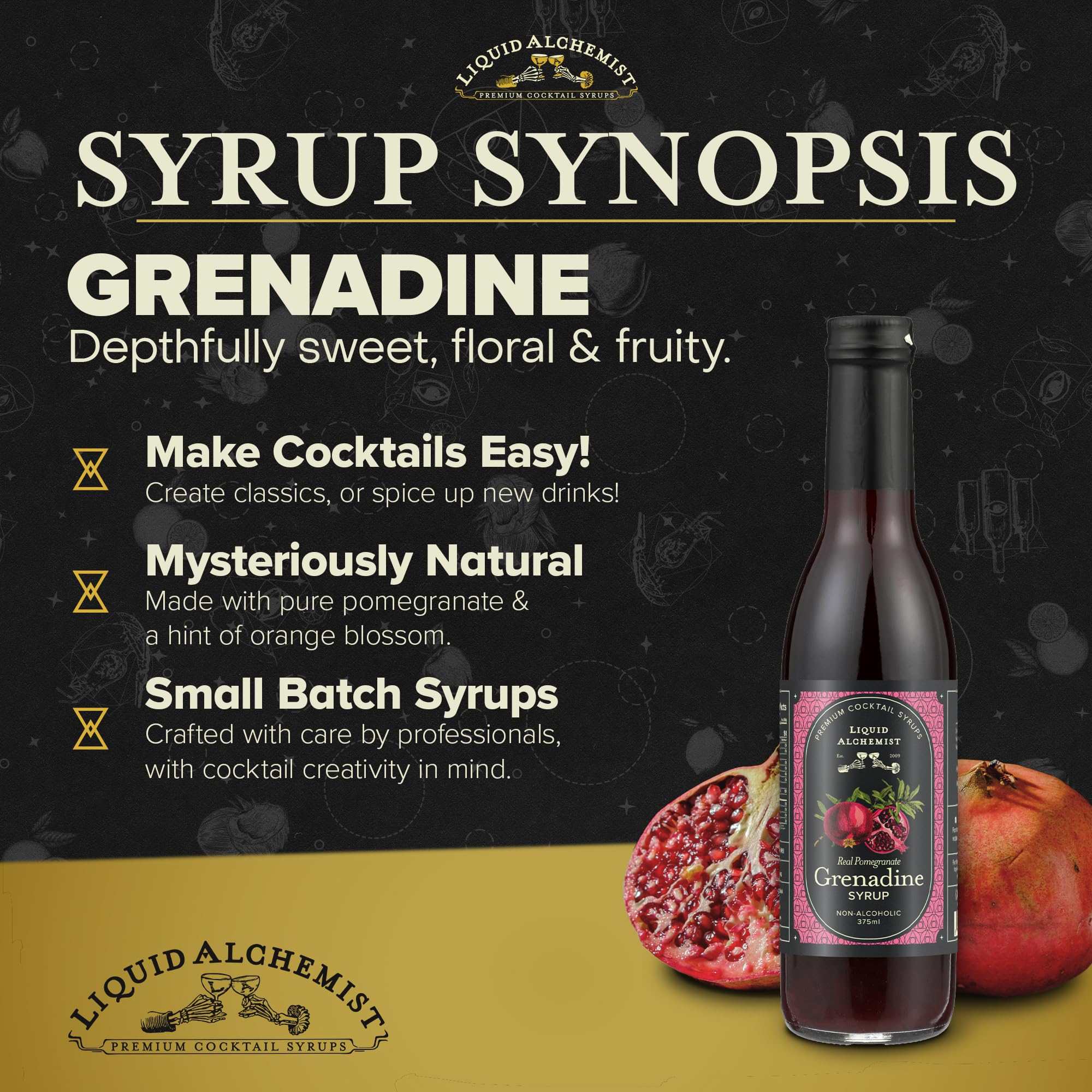 Liquid Alchemist grenadine splashing into a cocktail for vibrant color