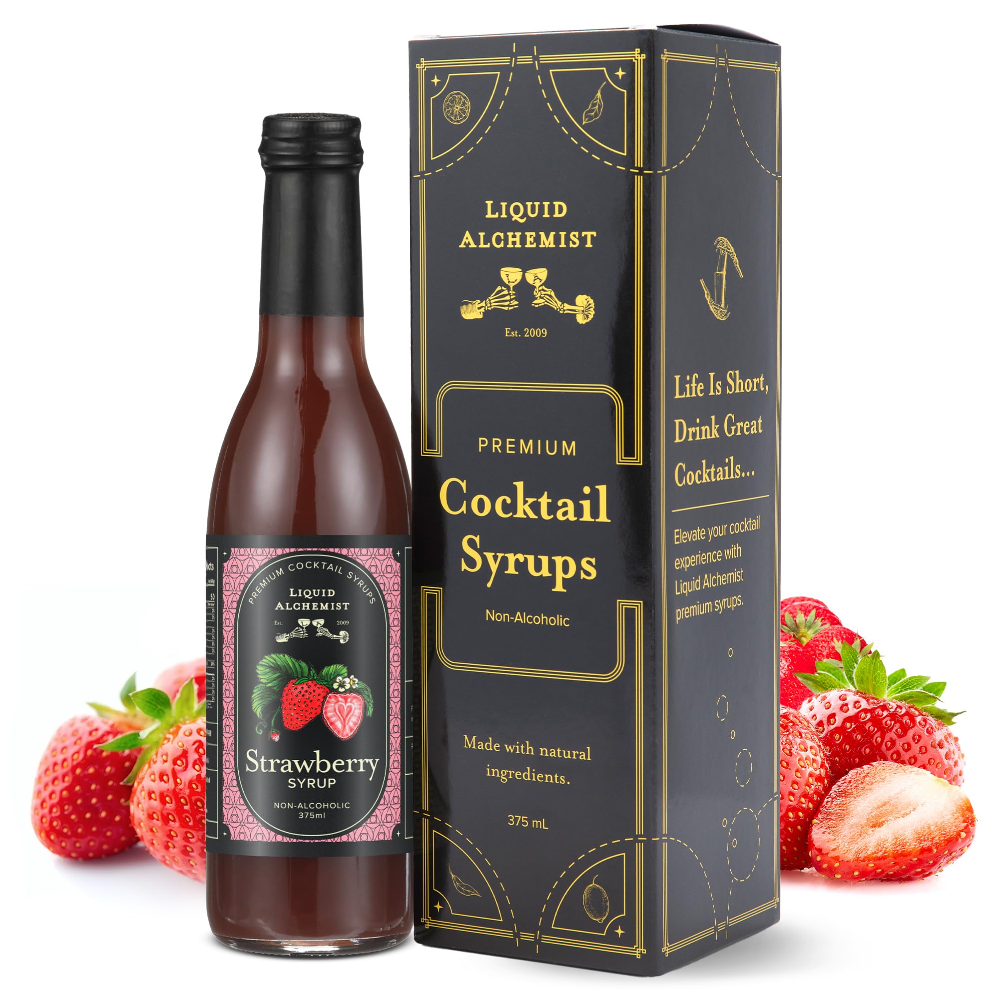 Liquid Alchemist bottle front view showing strawberry syrup branding and clear benefit