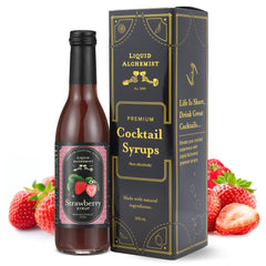 Liquid Alchemist bottle front view showing strawberry syrup branding and clear benefit