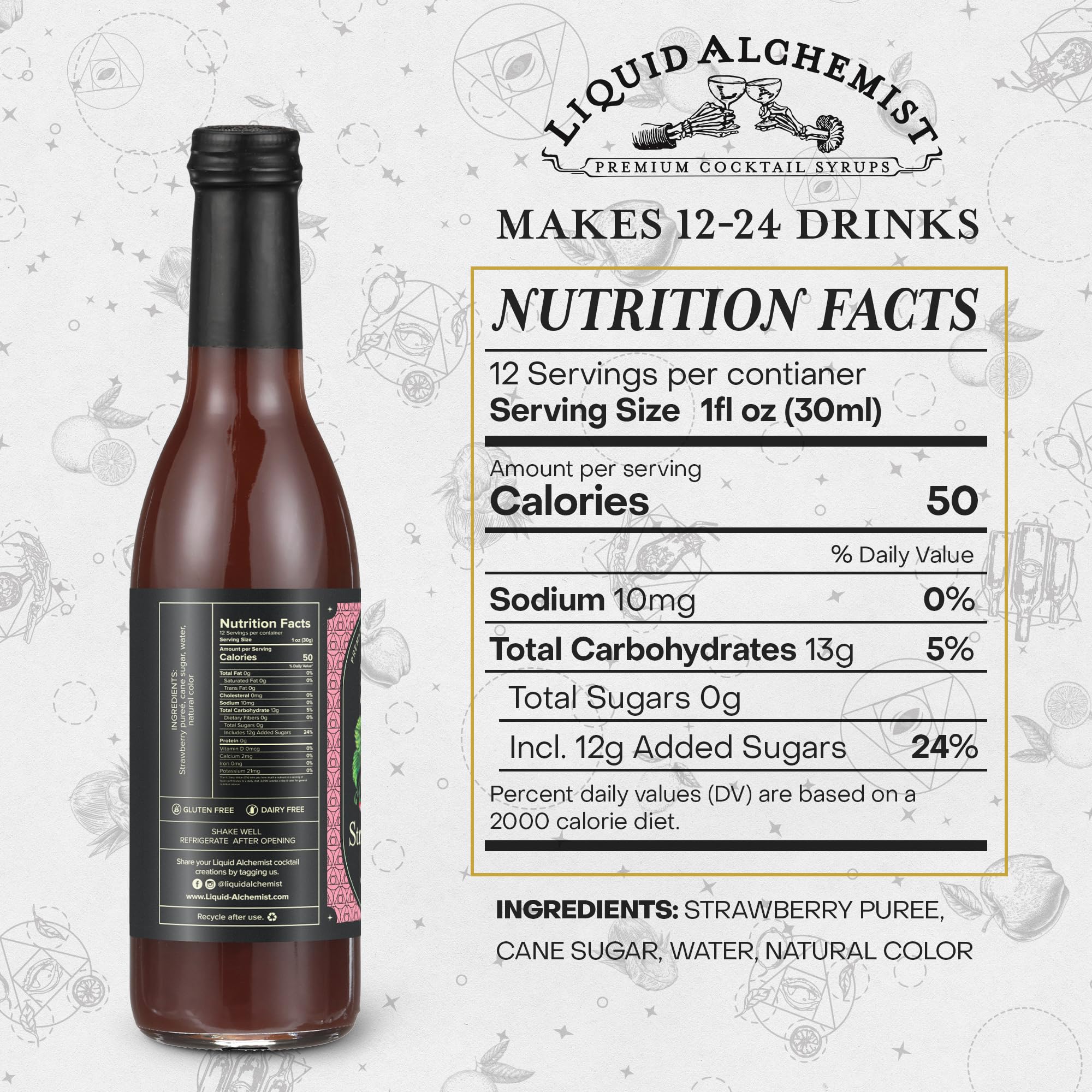 Liquid Alchemist label close-up highlighting real-ingredient claim and ingredient list