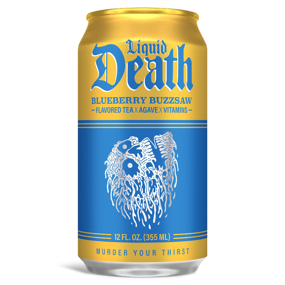 Liquid Death close-up of can texture and label, premium cold-hold benefit