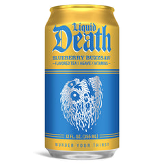 Liquid Death close-up of can texture and label, premium cold-hold benefit