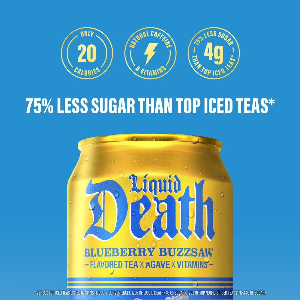 Liquid Death beside blueberries and tea leaves, natural flavor ingredients highlighted