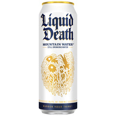Liquid Death can label close-up highlighting mountain-source claim and kosher mark
