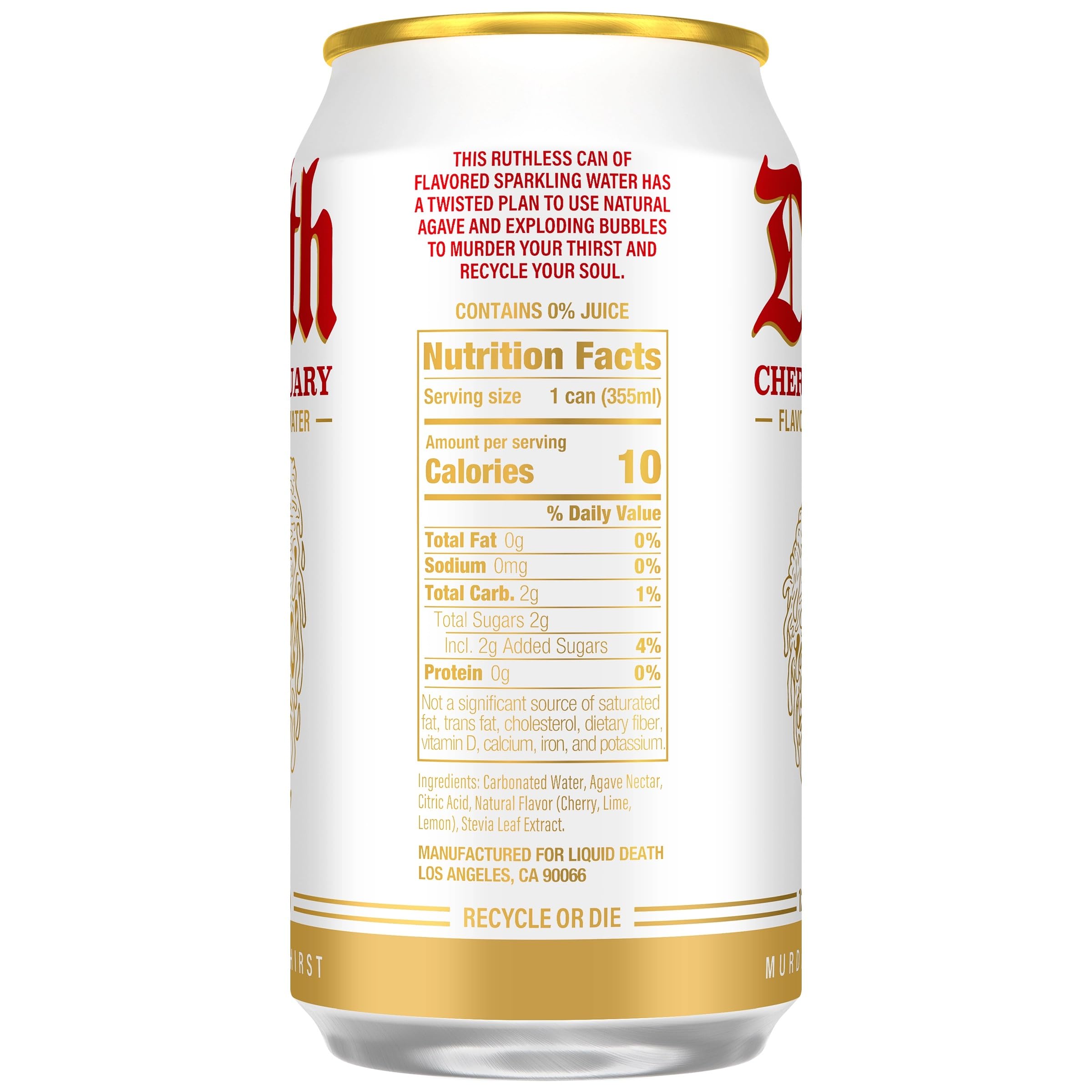 Liquid Death label detail highlighting ingredients and no artificial sweeteners benefit