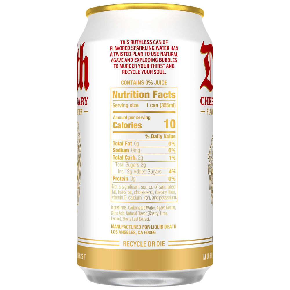 Liquid Death label detail highlighting ingredients and no artificial sweeteners benefit