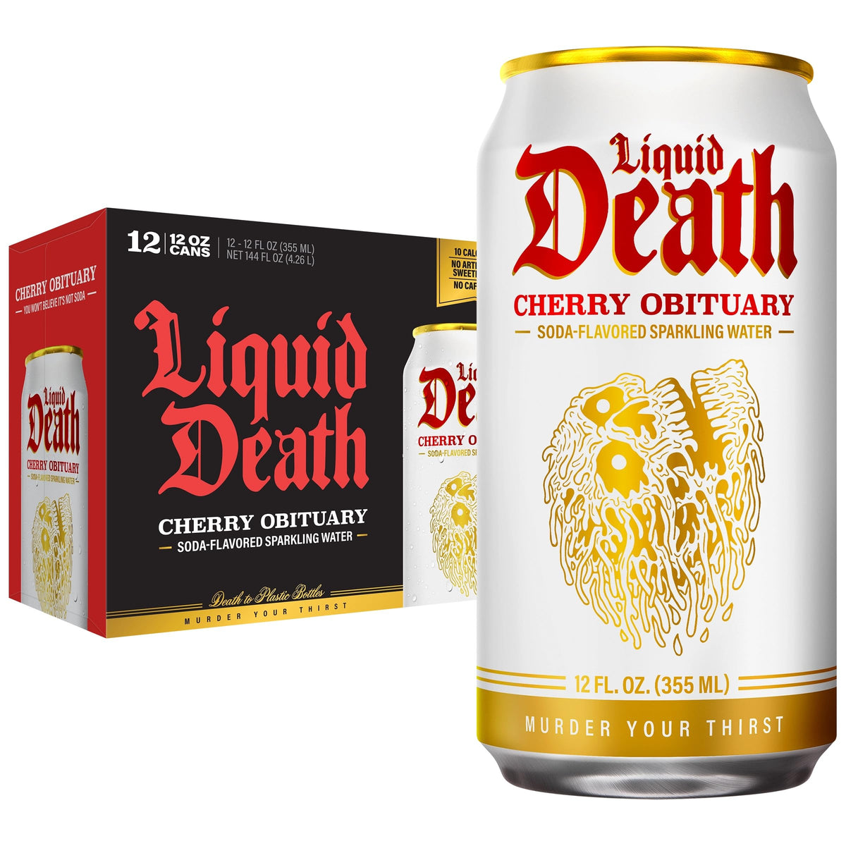 Liquid Death front can showing cherry obituary logo and bold packaging benefit refreshment