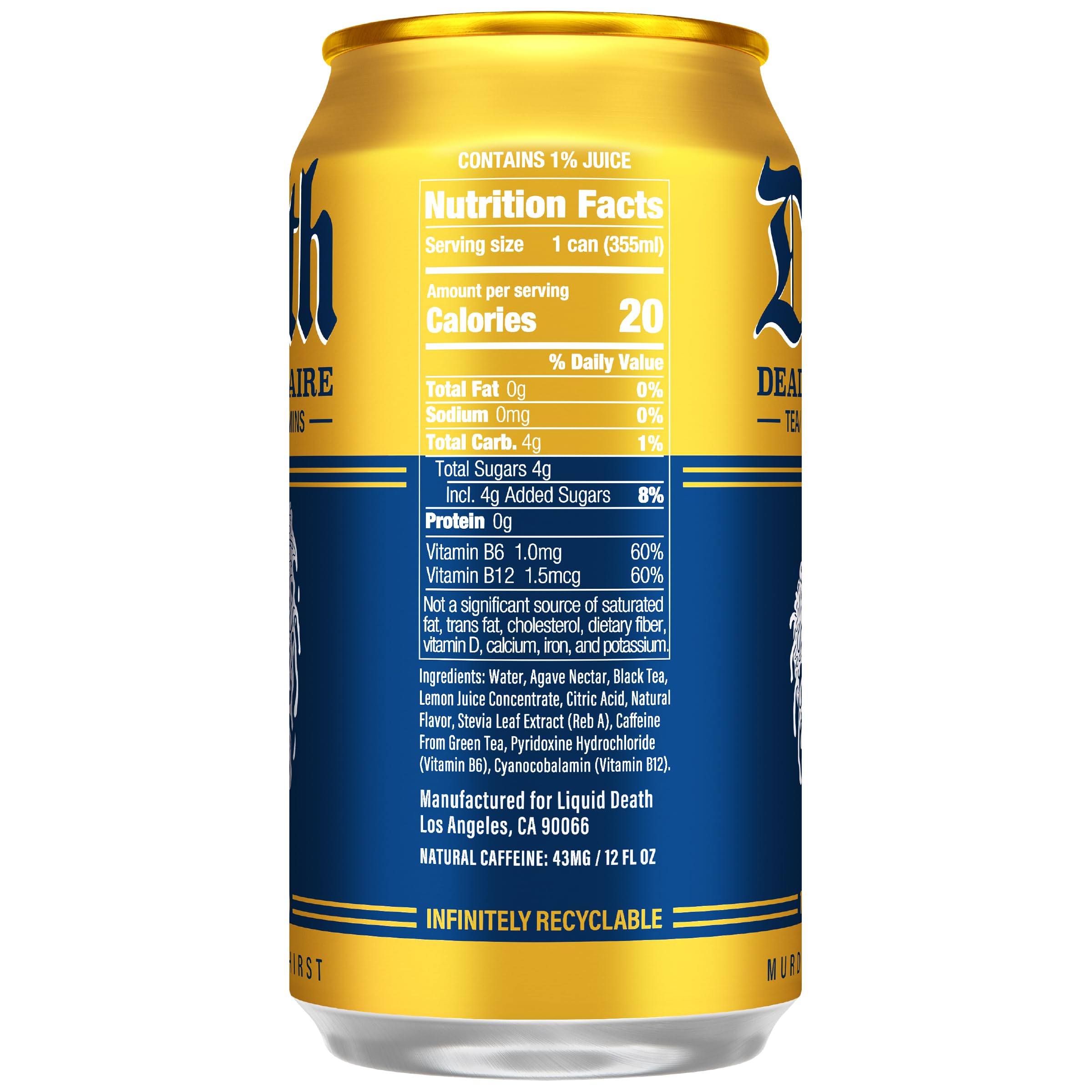 Close-up of Liquid Death Dead Billionaire label highlighting ingredients and premium look