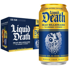 Liquid Death Dead Billionaire front can showing black tea lemonade branding and bold design