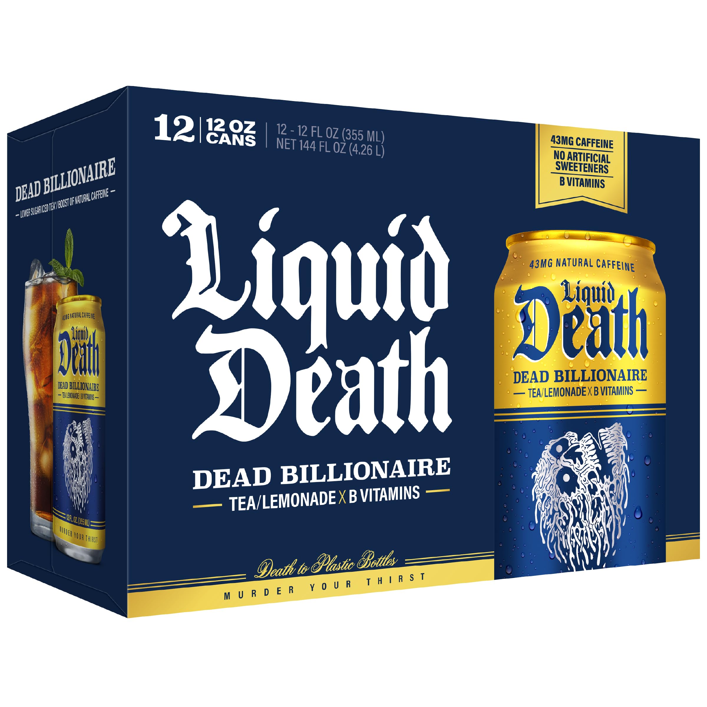 Pack of 12 Liquid Death cans stacked to show size and convenient multipack storage