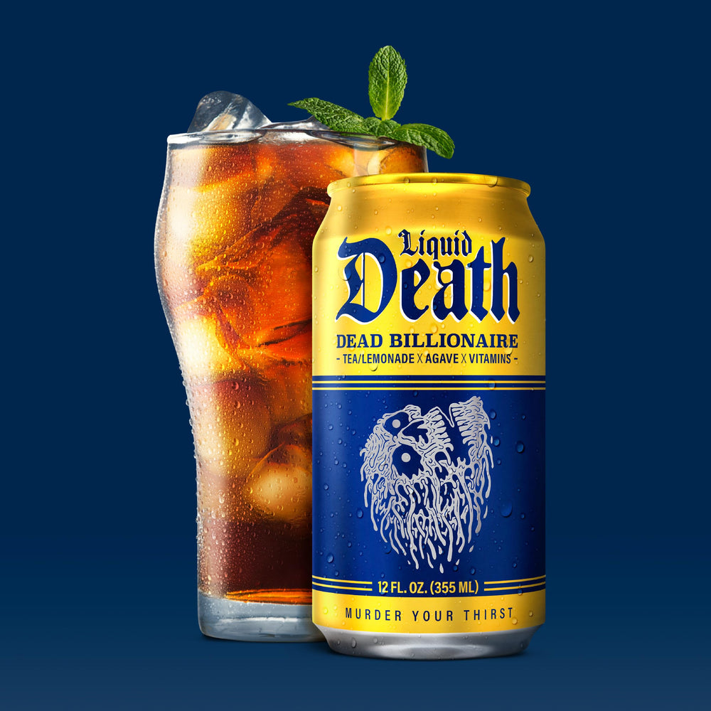 Close macro of Liquid Death iced tea foam and texture showing crisp pour and flavor
