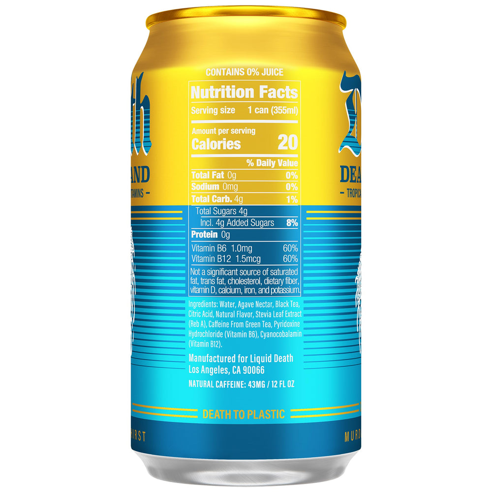 Liquid Death Death Island pouring into glass demonstrating refreshing tropical flavor