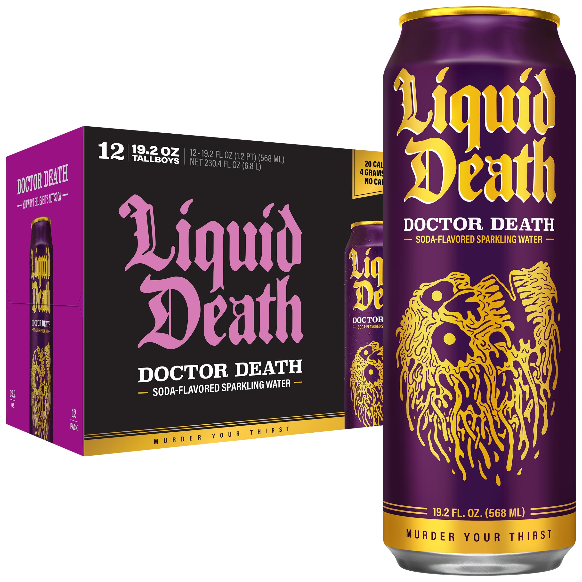 Liquid Death front can showing Doctor Death label and bold graphics, clear product identity and appeal