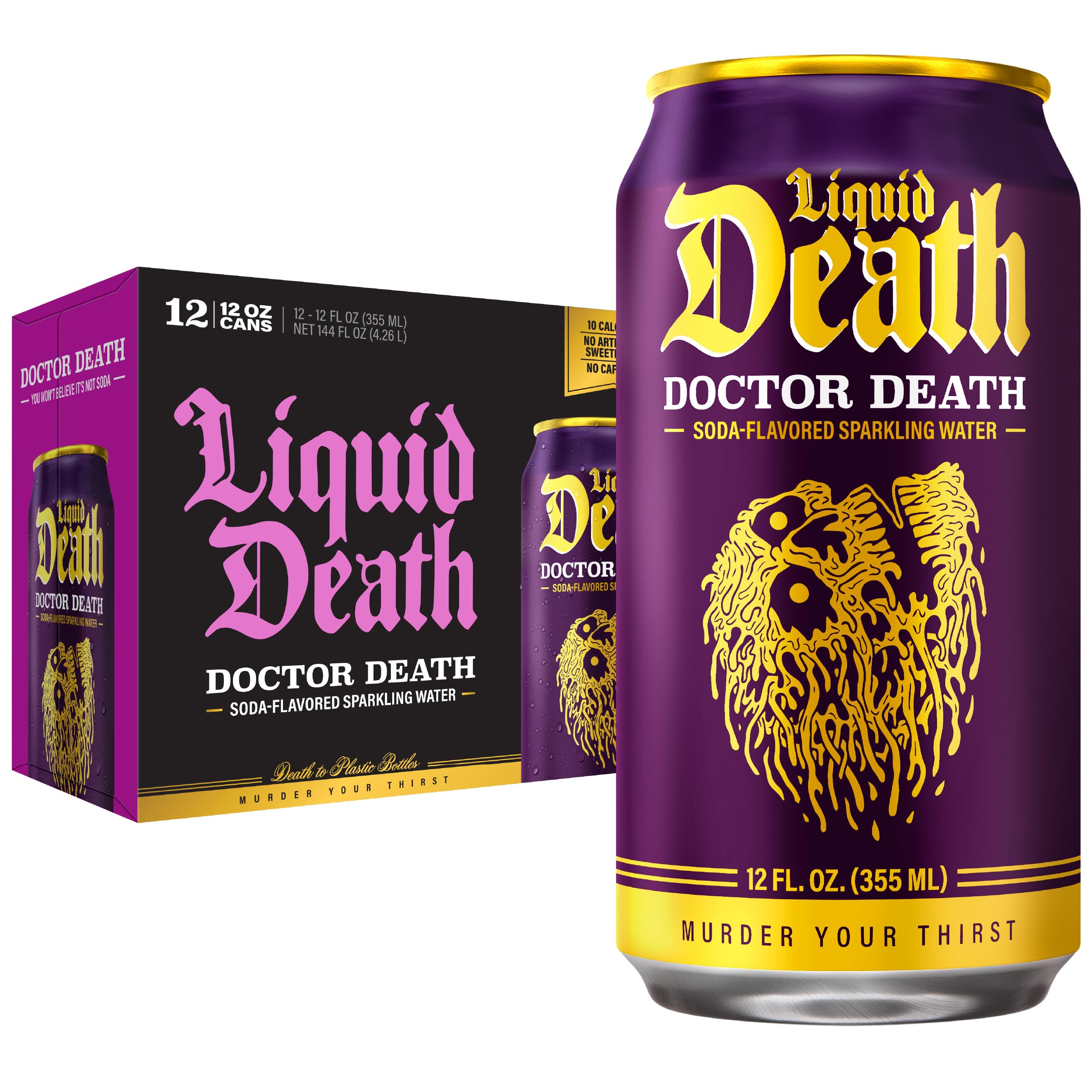 Liquid Death Doctor Death front can view showing bold label and flavor appeal