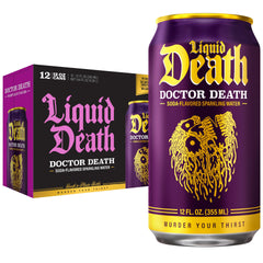 Liquid Death Doctor Death front can view showing bold label and flavor appeal