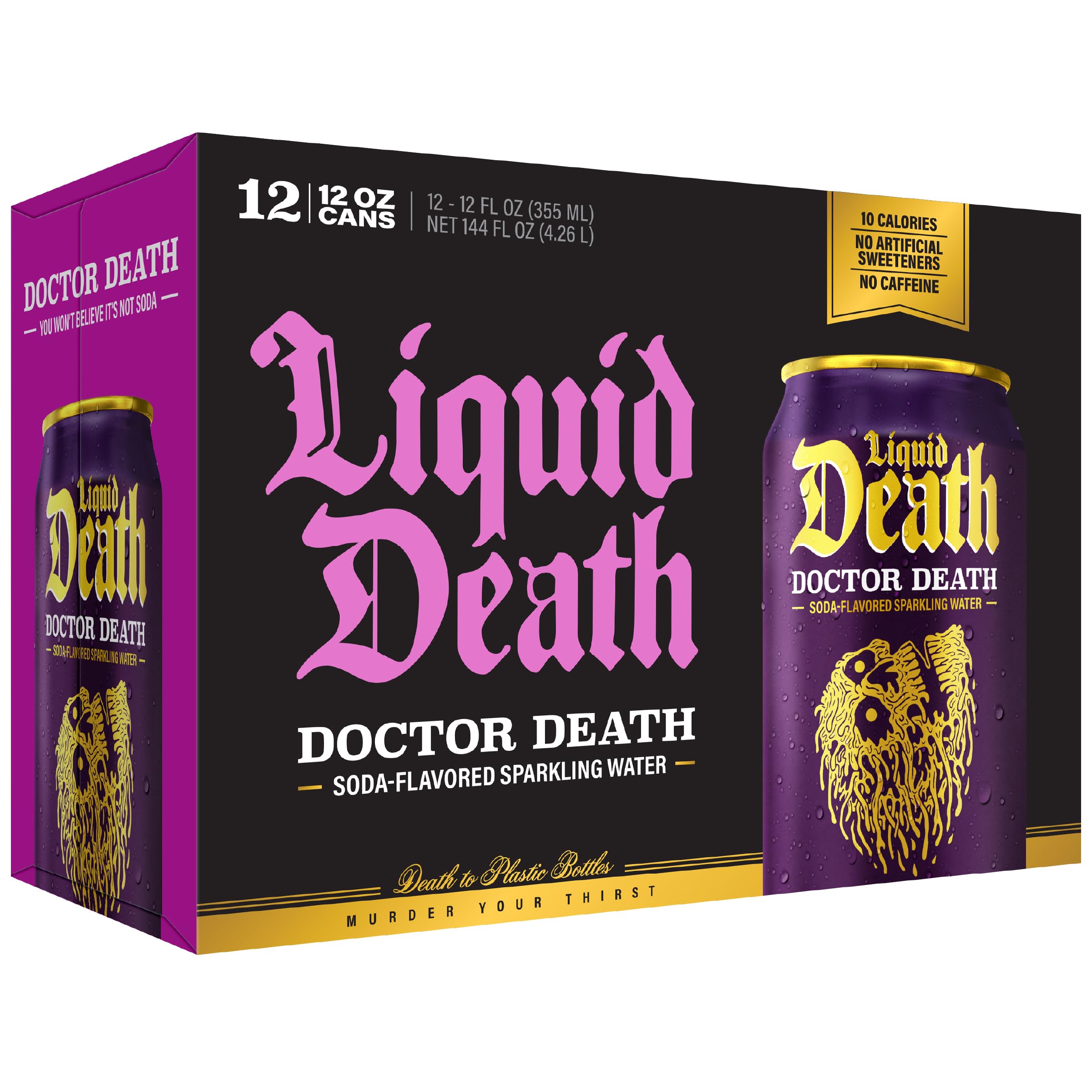 Liquid Death Doctor Death twelve-pack stacked demonstrating value and quantity