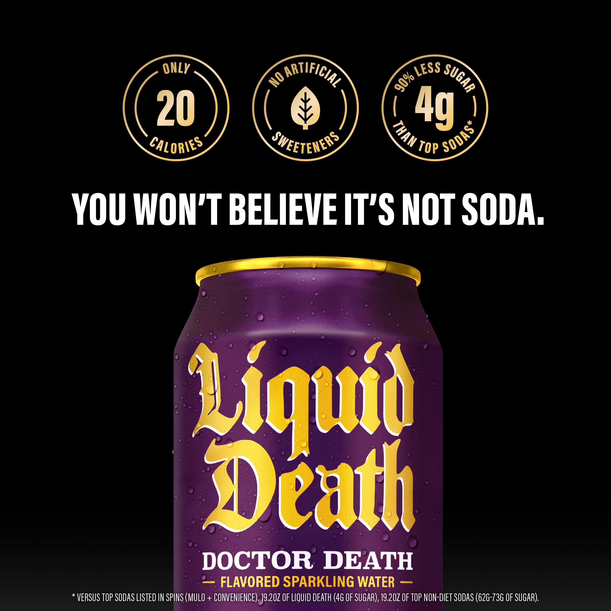 Liquid Death can in hand for size comparison, 19.2 fl oz scale shown to communicate single-serve value