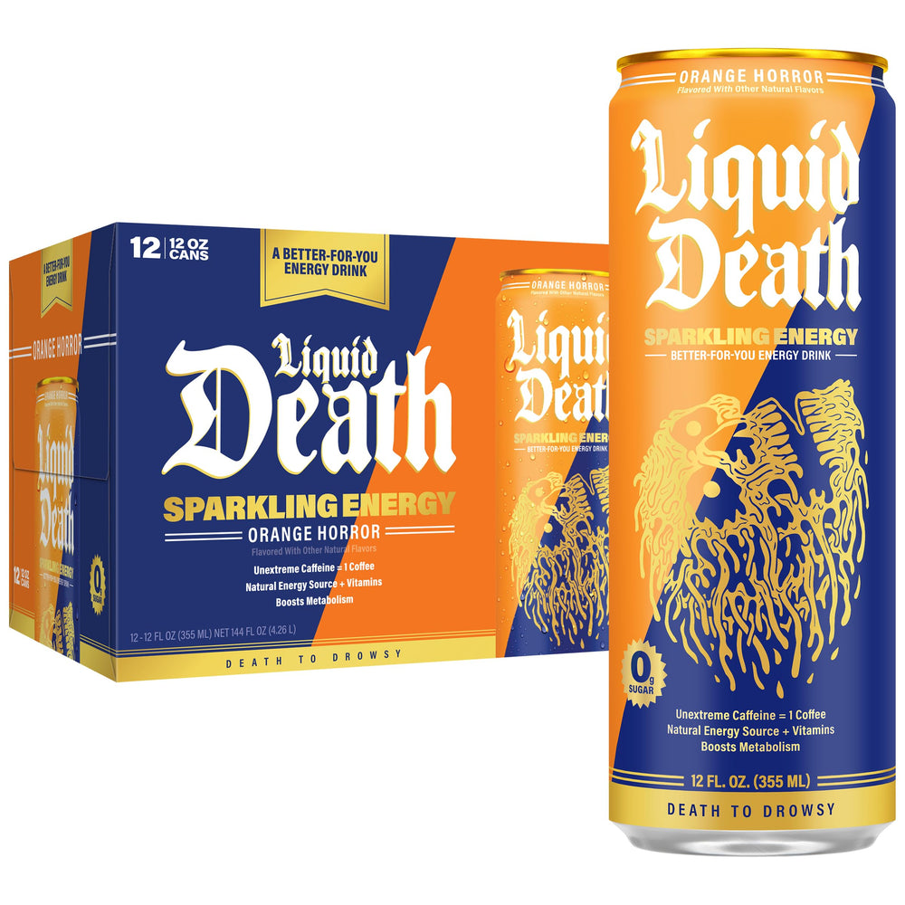 Liquid Death front can Orange Horror showing bold label and flavor appeal
