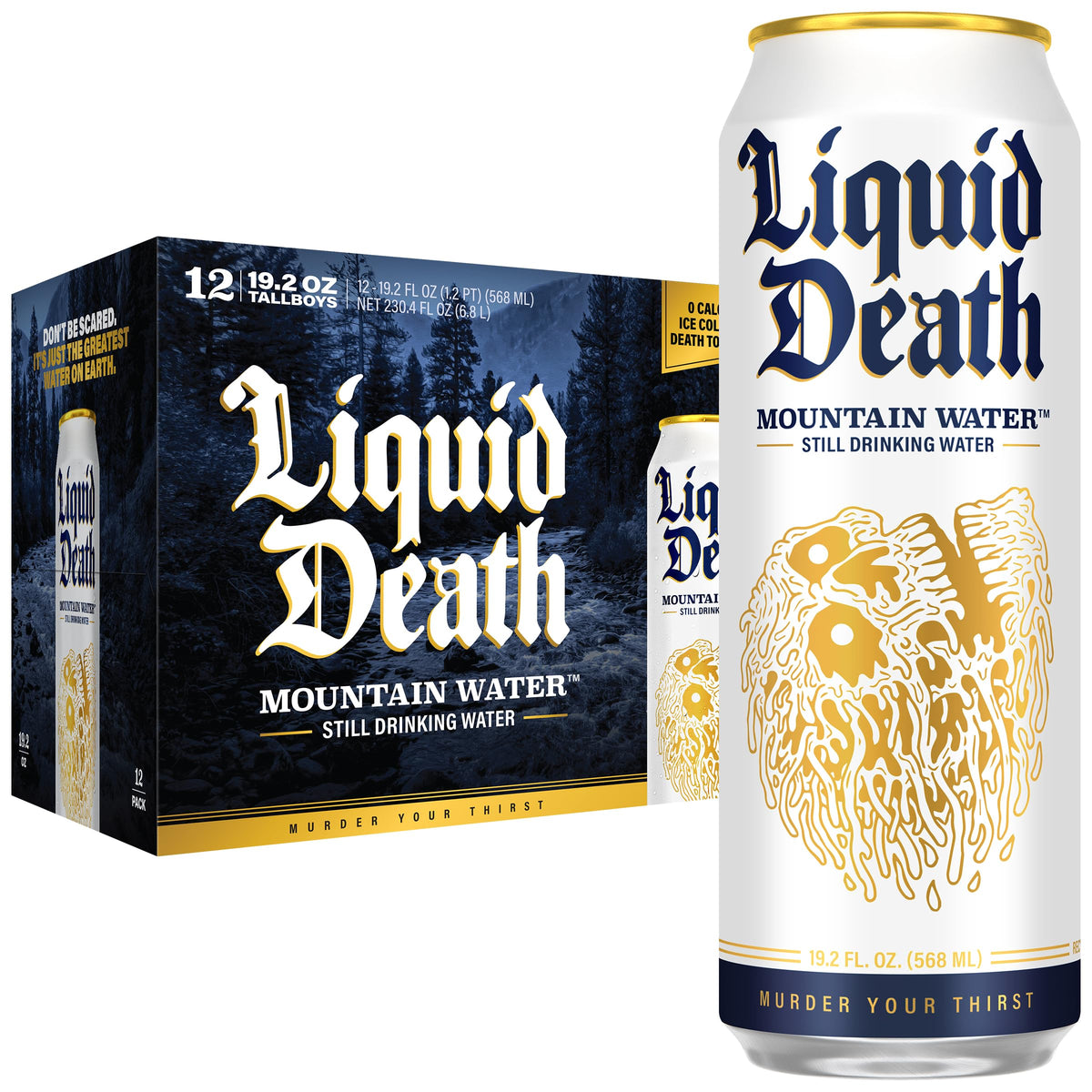 Liquid Death front packaging 19.2 oz can showing logo and recyclable benefit