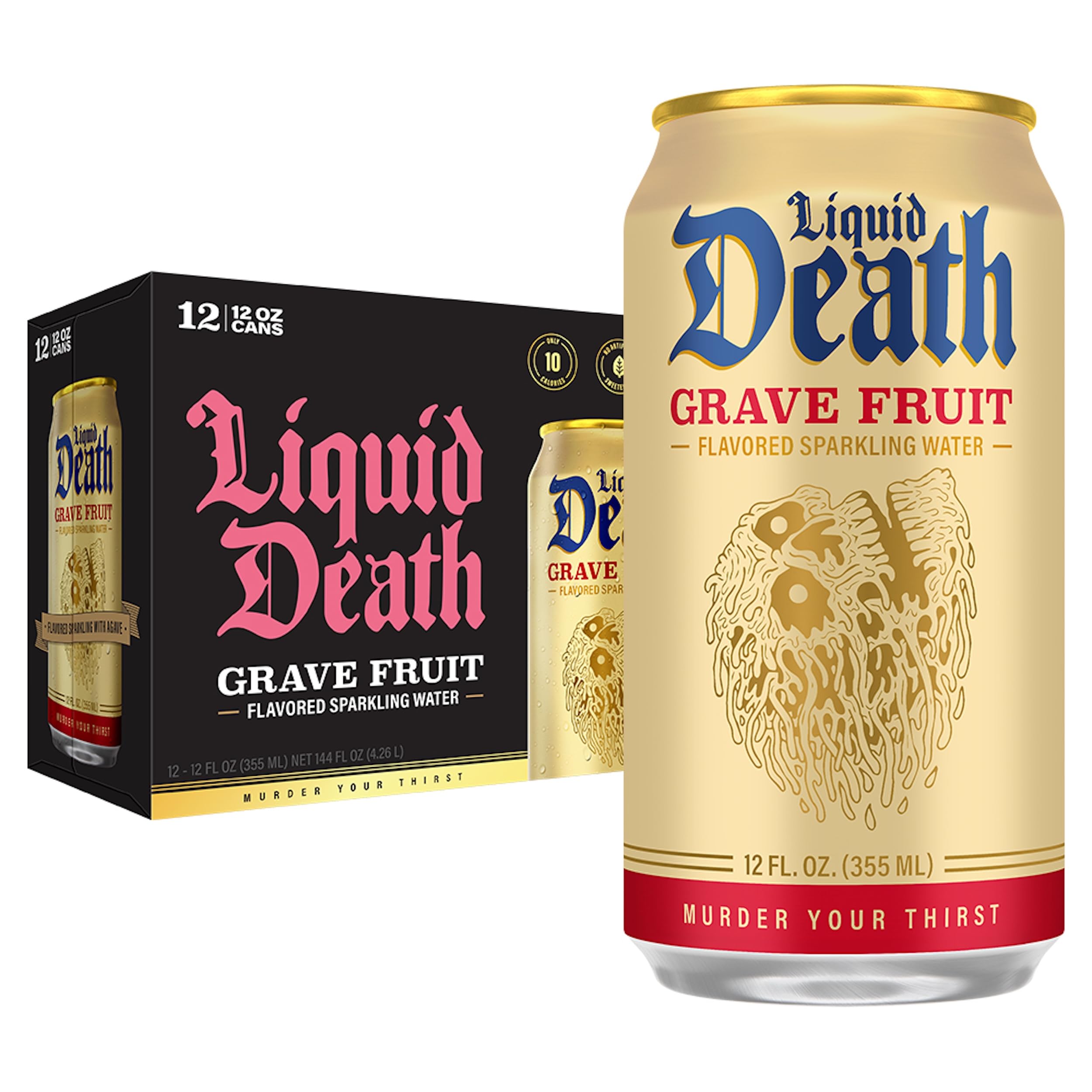 Liquid Death front packaging showing Grave Fruit cans and bold branding benefit refreshment
