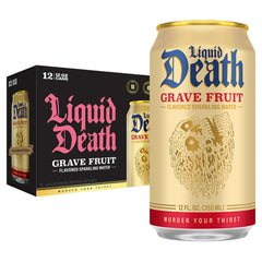 Liquid Death front packaging showing Grave Fruit cans and bold branding benefit refreshment