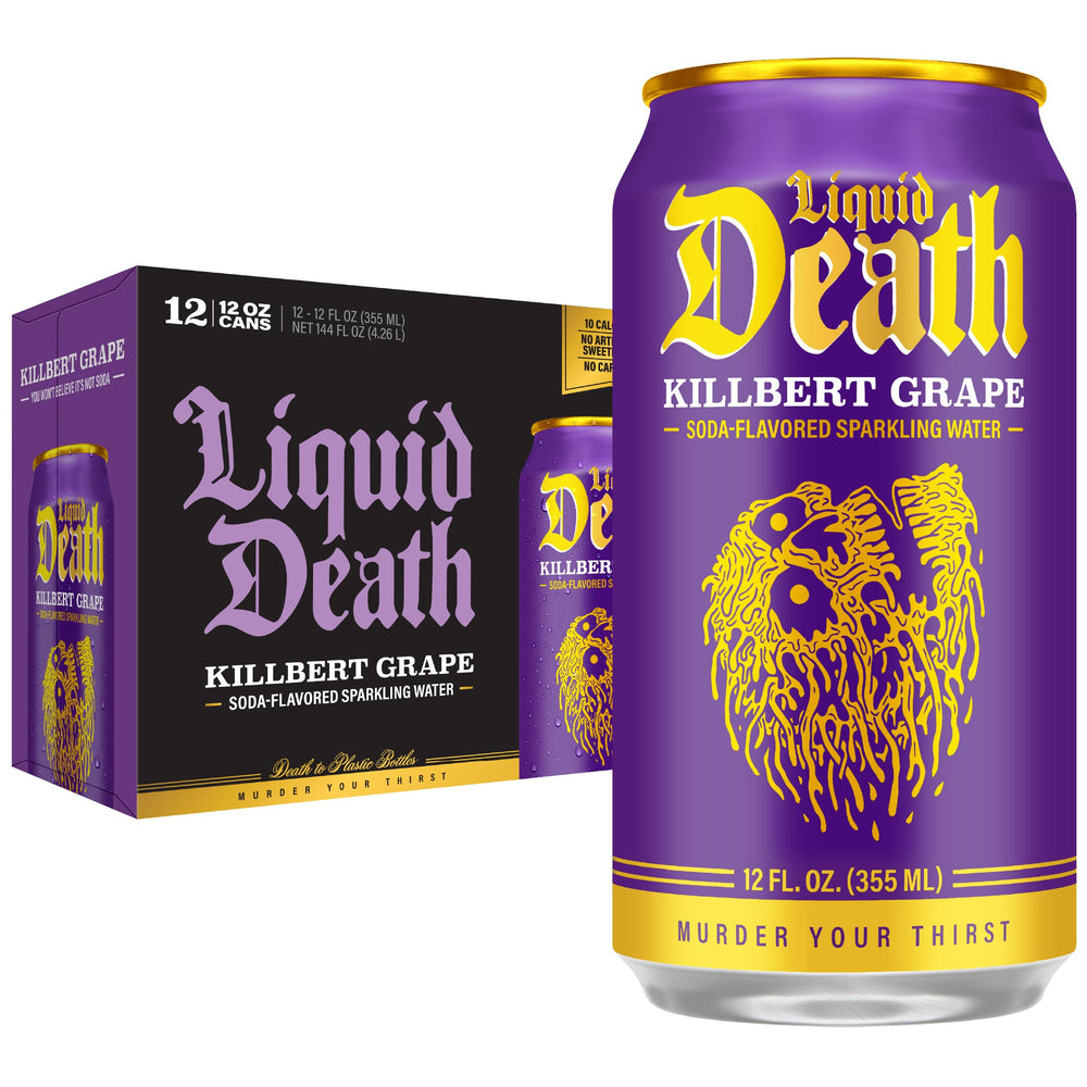 Liquid Death front can showing Killbert Grape branding and bold soda-style appeal