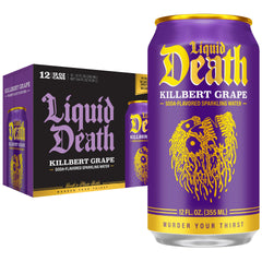 Liquid Death front can showing Killbert Grape branding and bold soda-style appeal