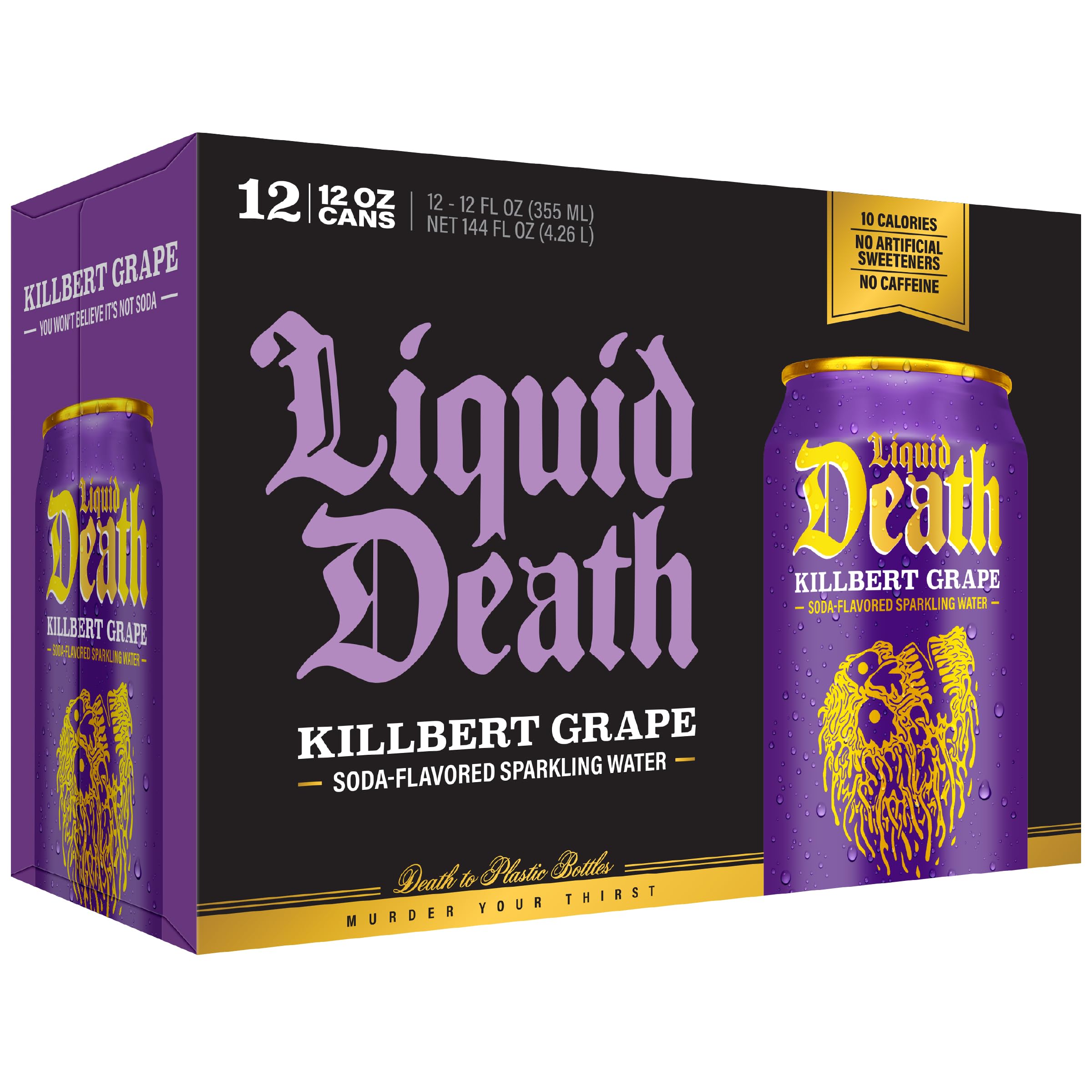 Liquid Death cans in recyclable crate emphasizing eco-friendly aluminum benefit
