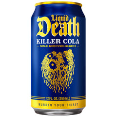 Liquid Death close-up of can texture and logo emphasizing premium canned sparkling water