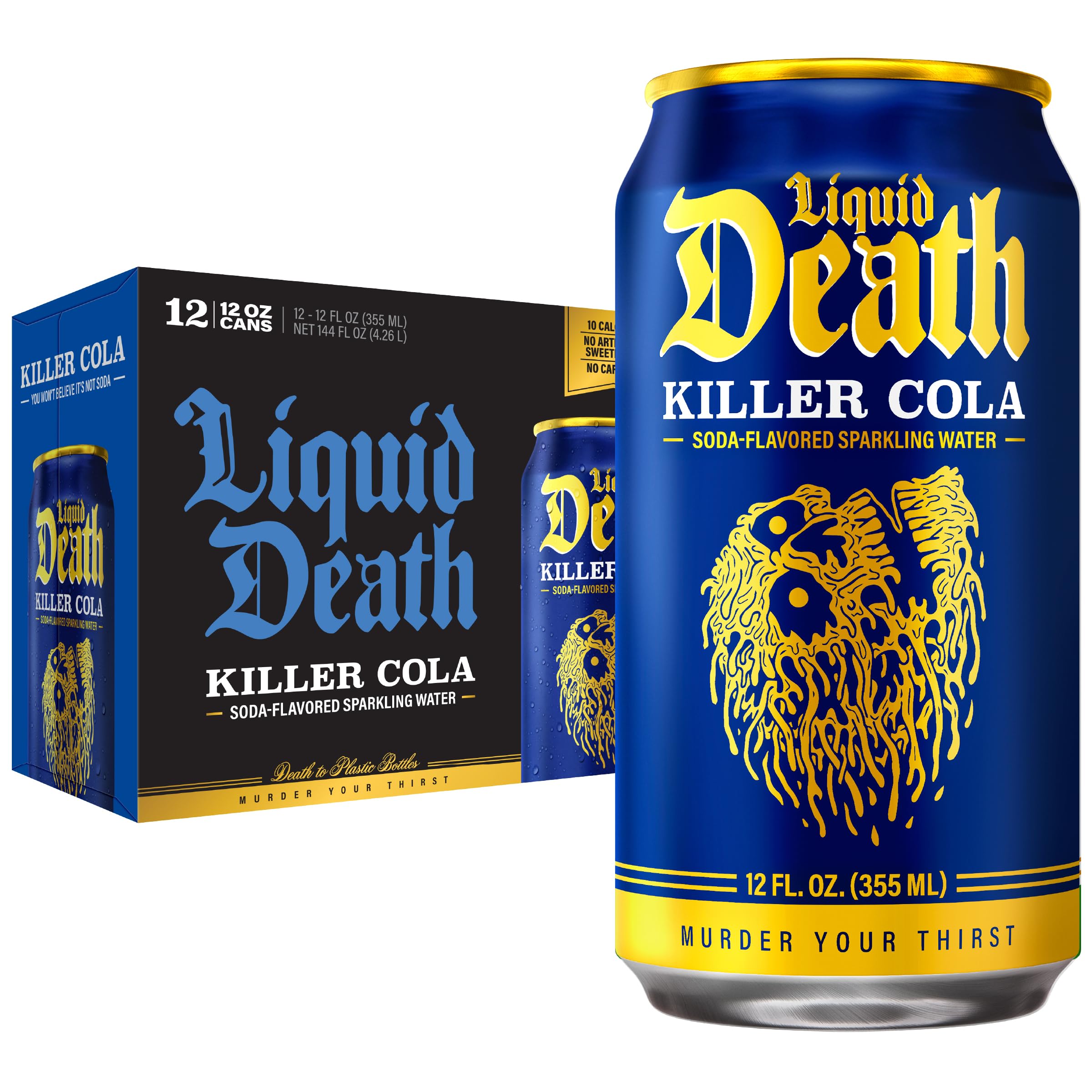 Liquid Death front packaging showing killer cola can and bold branding, appeals to soda lovers