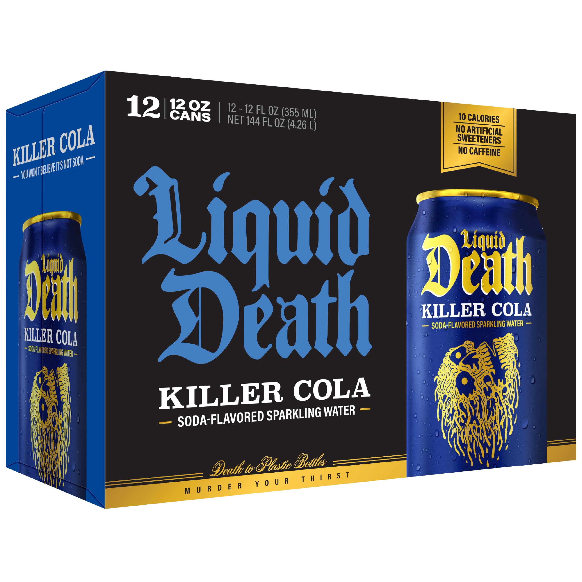 Liquid Death nutritional label closeup showing 2g sugar and 10 calories per can