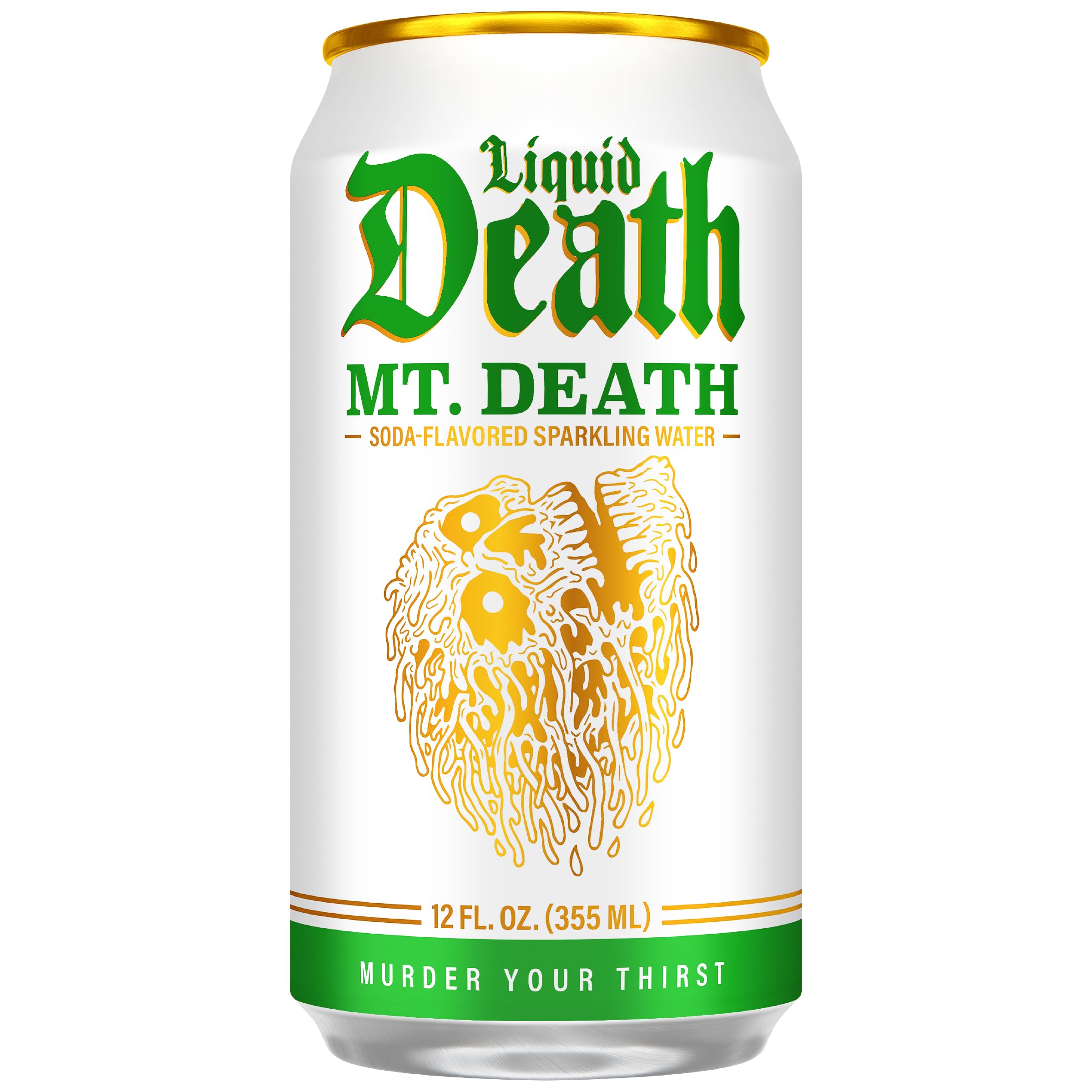 Liquid Death close-up of Mt. Death label highlighting flavor clarity