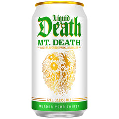 Liquid Death close-up of Mt. Death label highlighting flavor clarity