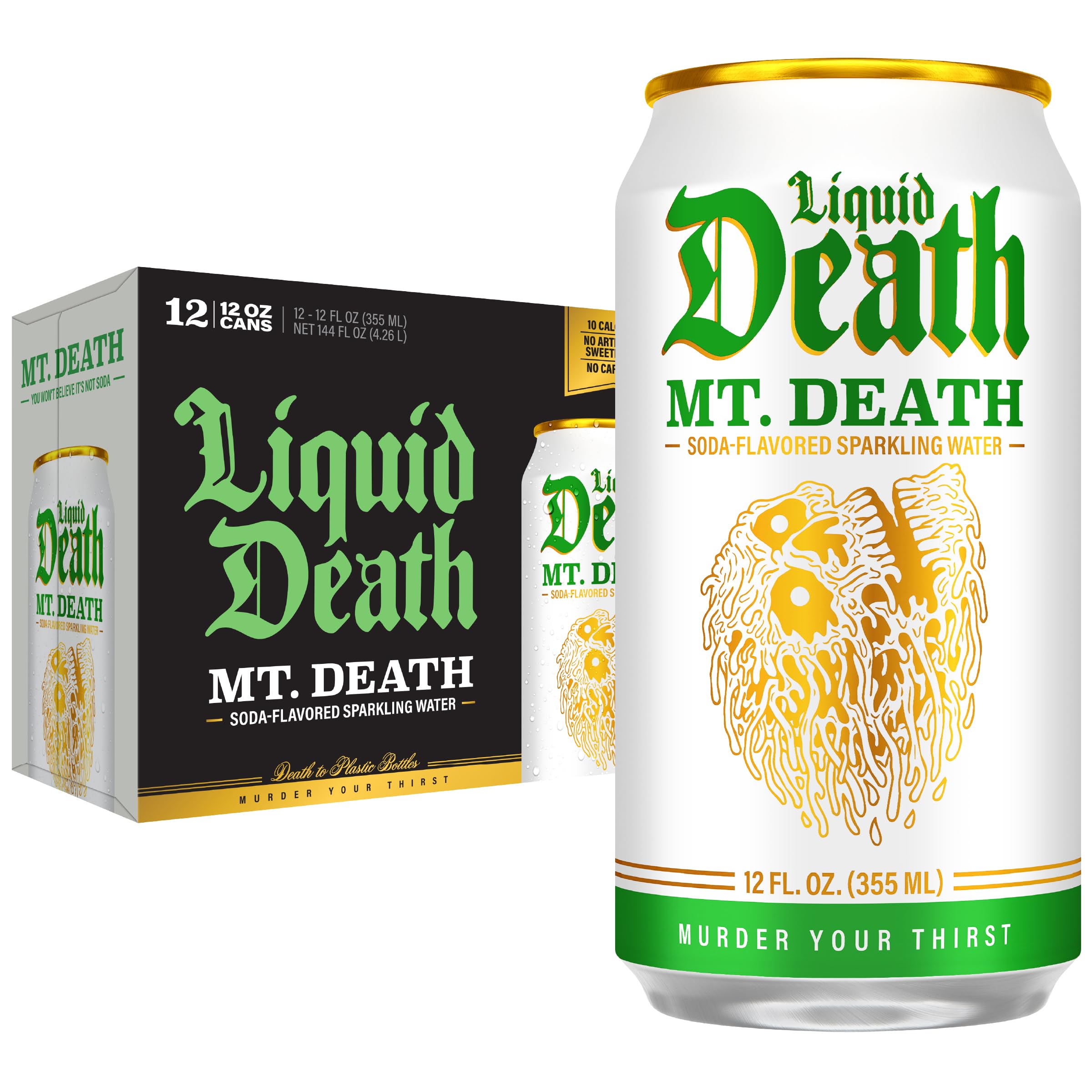 Liquid Death front can view showing bold design and recyclable can benefit