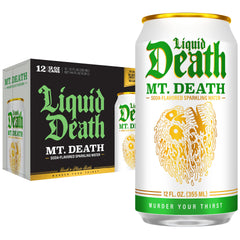Liquid Death front can view showing bold design and recyclable can benefit