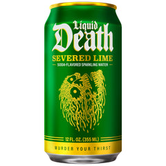 Liquid Death can close-up highlighting texture and vibrant lime artwork benefit