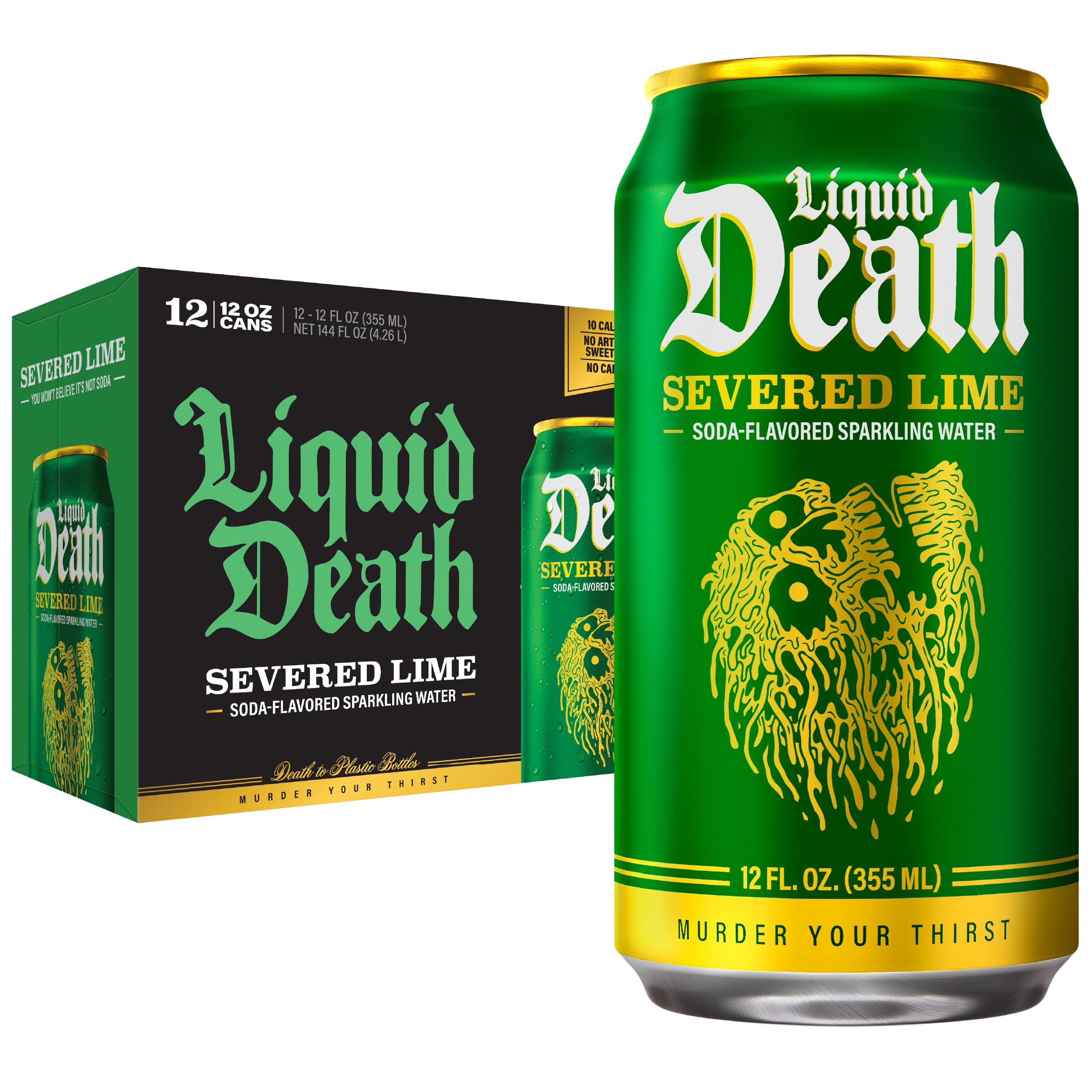 Liquid Death Severed Lime front packaging showing bold lime branding and benefit