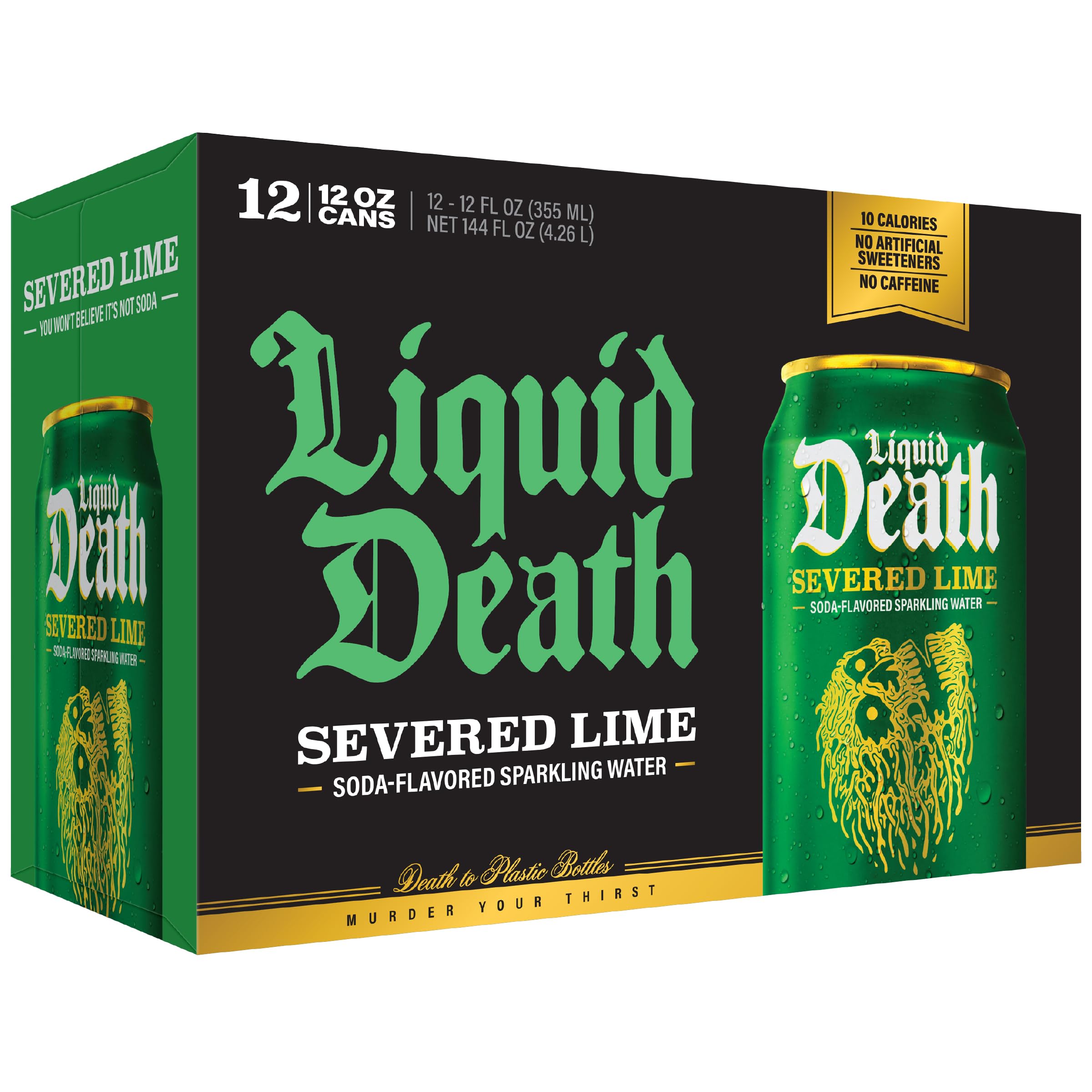 Close shot of Liquid Death nutrition label showing low sugar and 10 calorie benefit