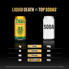 Liquid Death twelve-pack stacked emphasizing recyclable cans and bulk value