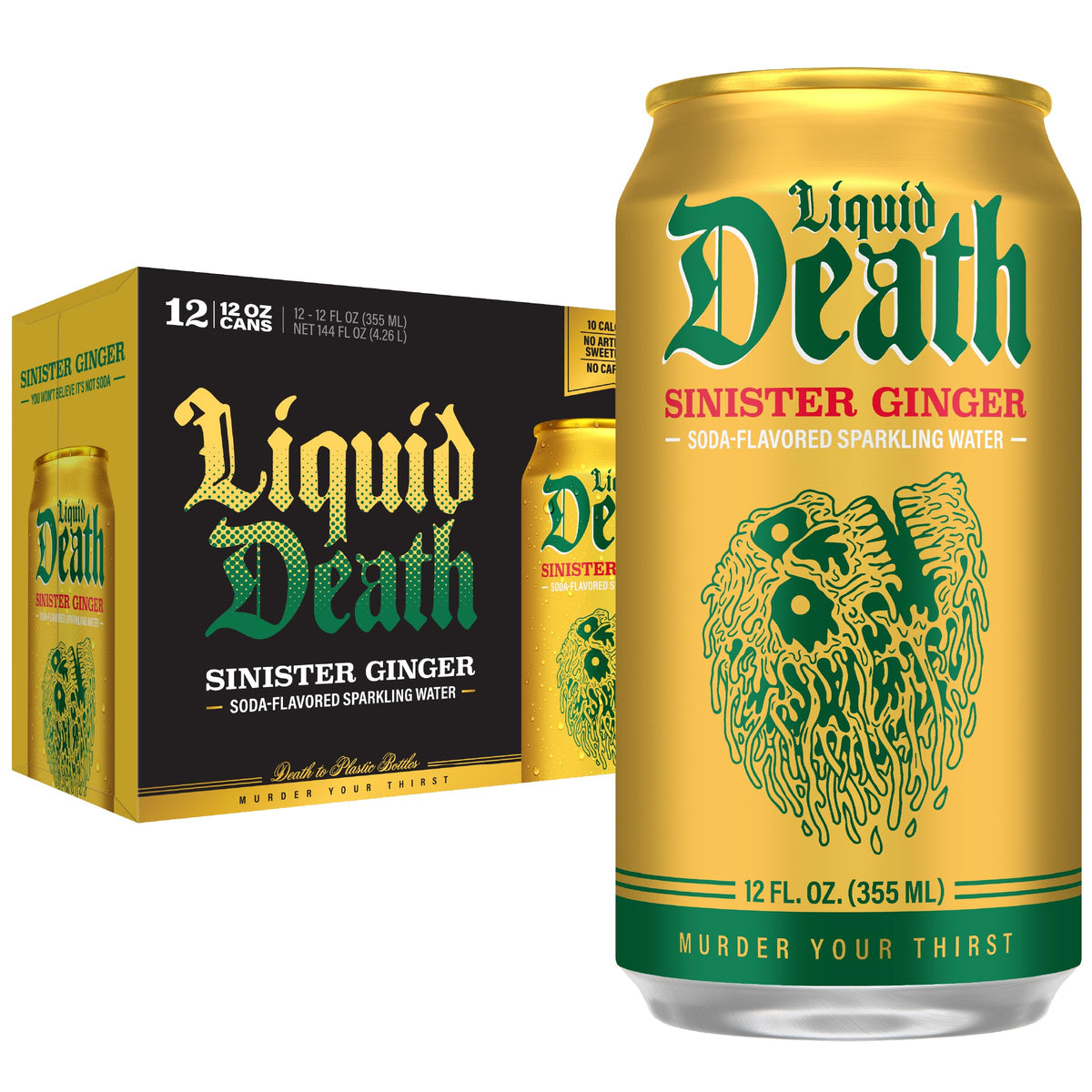 Liquid Death front can showing Sinister Ginger logo and bold packaging benefits