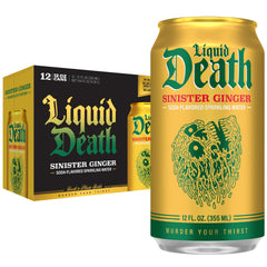 Liquid Death front can showing Sinister Ginger logo and bold packaging benefits