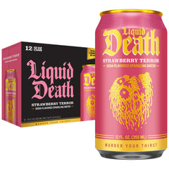Liquid Death front can showing strawberry terror branding and bold design, eye-catching on shelf