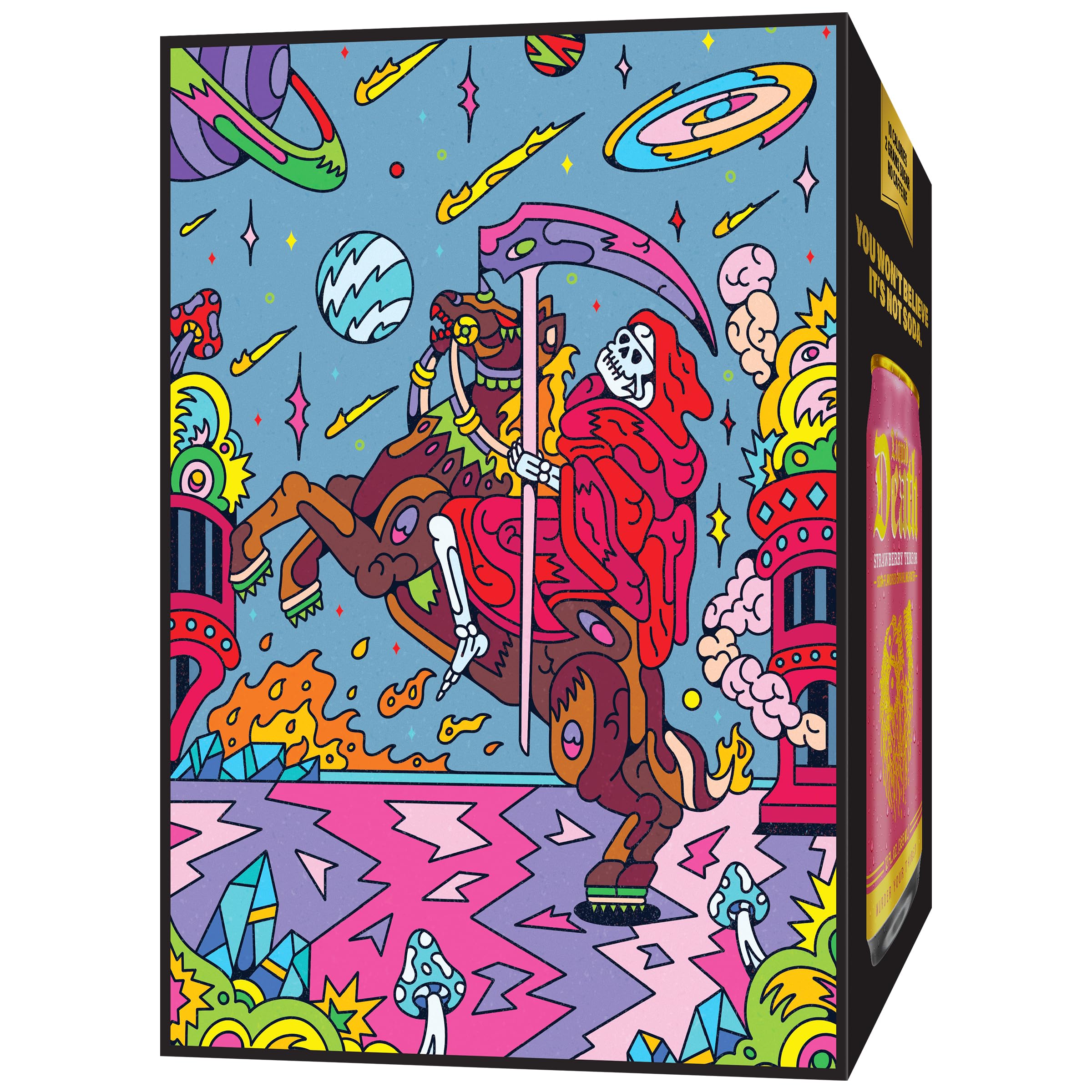 Liquid Death can in picnic scene demonstrating party-ready flavor and portability
