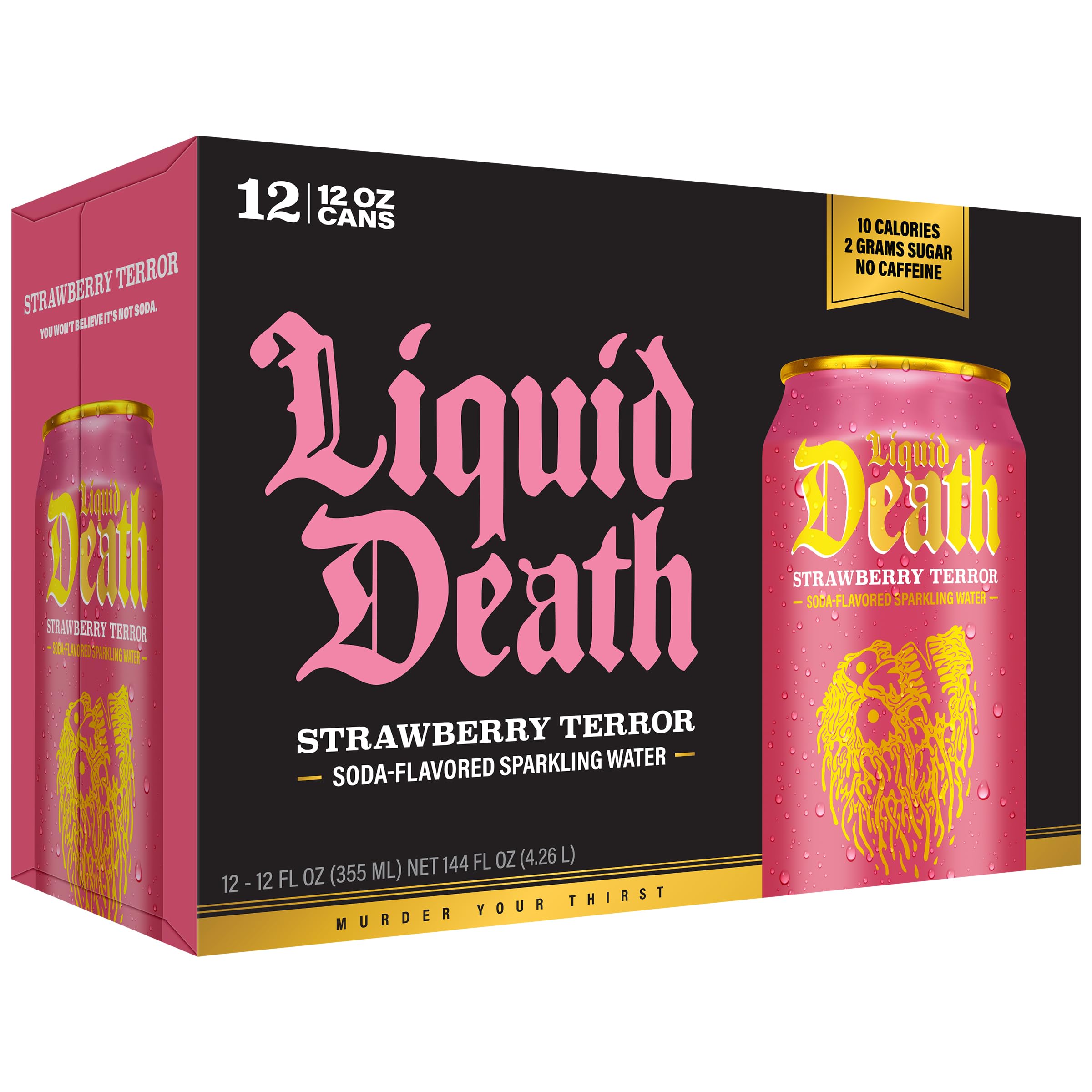 Liquid Death twelve-pack display showing compact cans and recyclable aluminum packaging